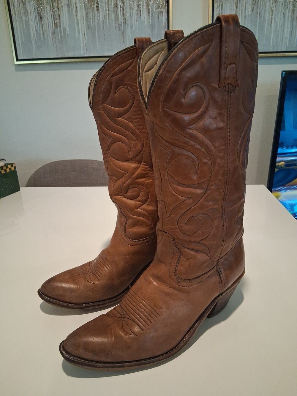 STUNNING Vintage 1970s Acme Cowboy Boots Men's 9.5 D Tan Leather Western 5052